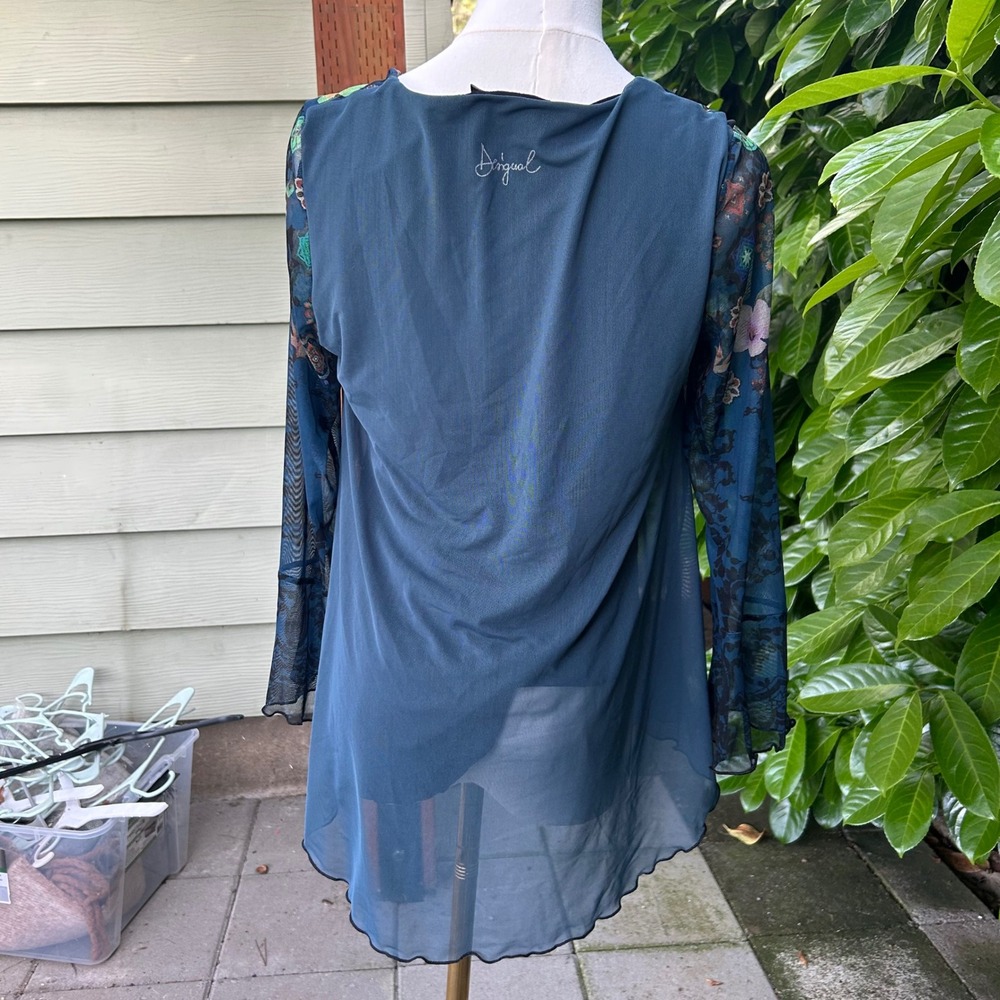 vintage 90's whimsical whimsigoth floral blue mesh layered top - Picture 3 of 8